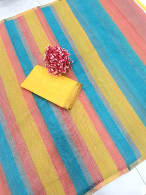 Festive Wear Multicolor Linen Saree with Stylish Zari Woven Border - Image 2
