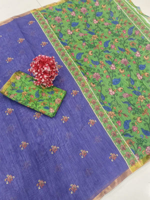 Elegant Purple Linen Saree with Floral Border and Zari Details - Image 2