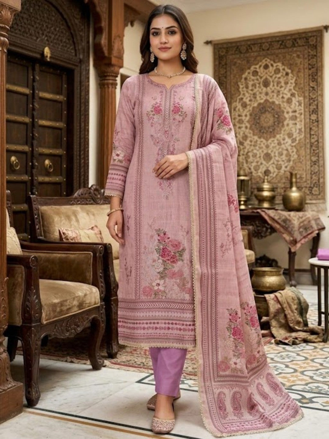 Mauve Viscose Dress Material with Floral Print & Embellishments - Image 2