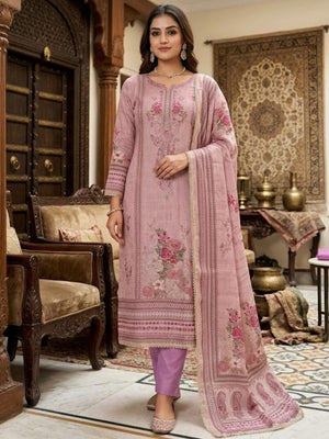 Mauve Viscose Dress Material with Floral Print & Embellishments - Image 2