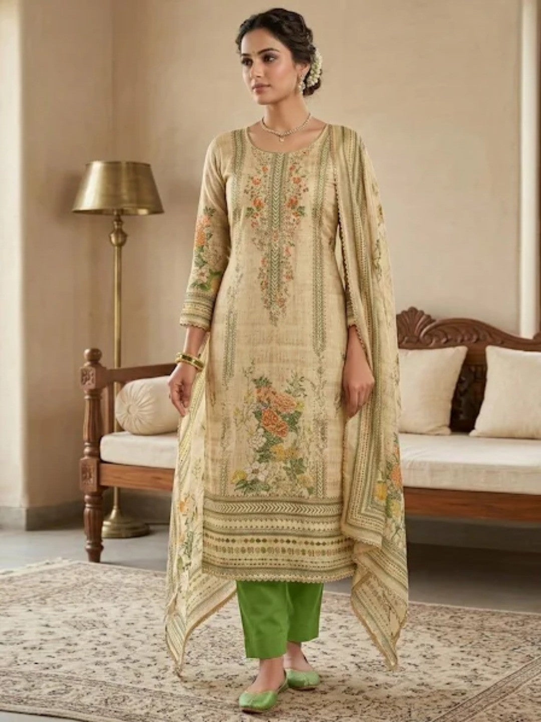 Green Floral Printed Viscose Dress Material with Dupatta - Image 2