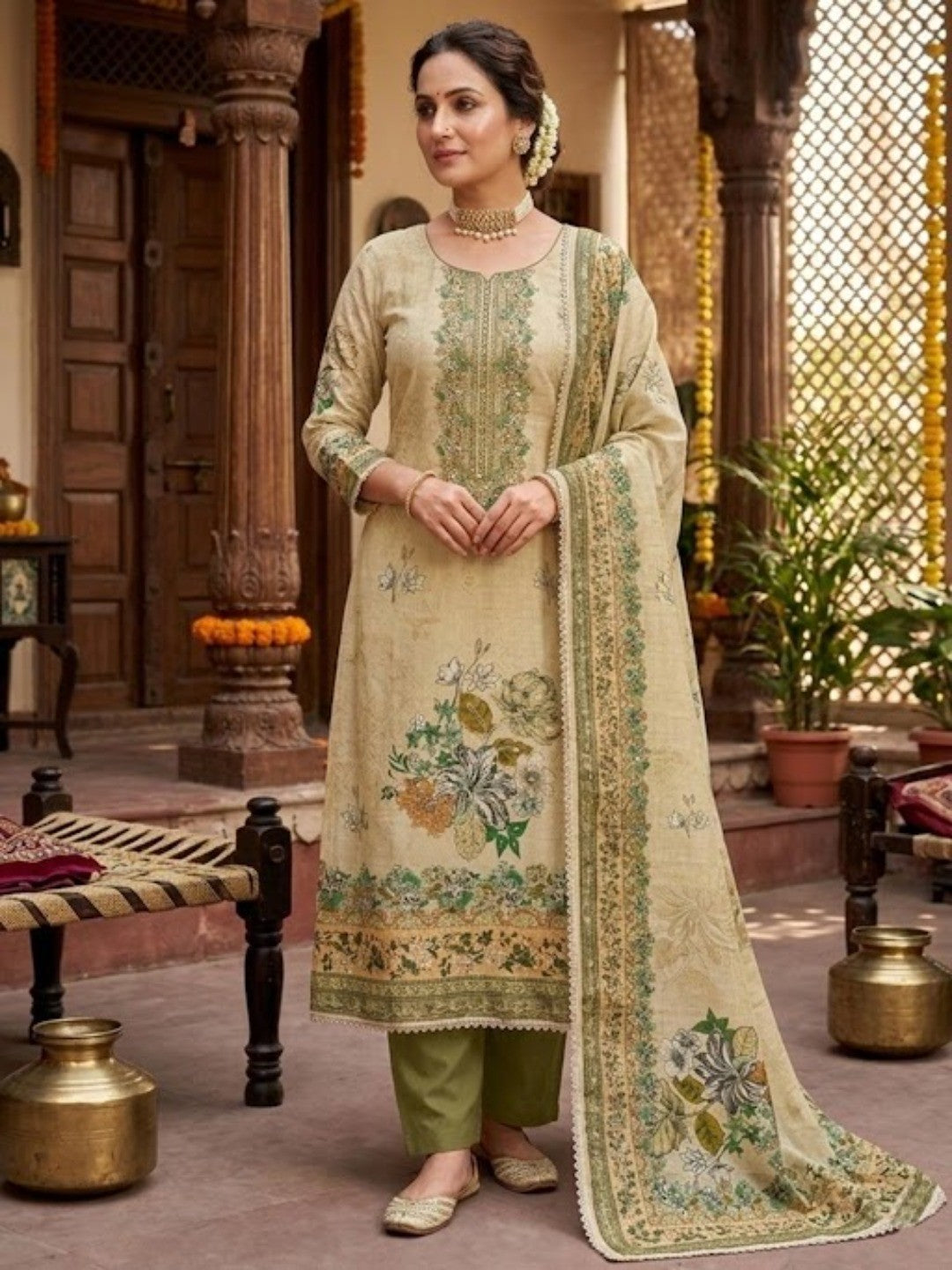 Green Viscose Digital Print Unstitched Dress Material - Image 2
