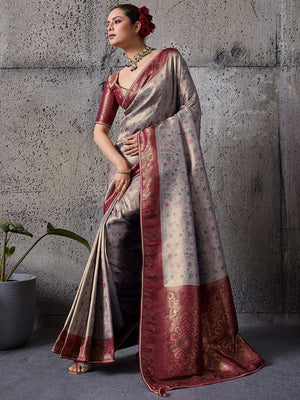 Elegant Grey Kanjivaram Silk Saree with Meenakari Weave & Maroon Border - Image 1