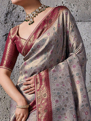Elegant Grey Kanjivaram Silk Saree with Meenakari Weave & Maroon Border - Image 2