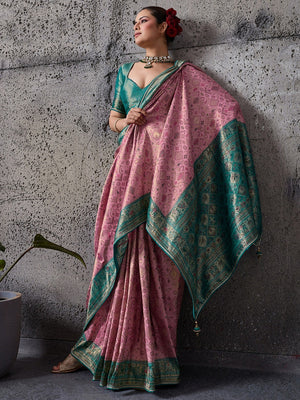 Elegant Pink Kanjivaram Silk Saree with Meenakari Weave & Rama Green Border - Image 2