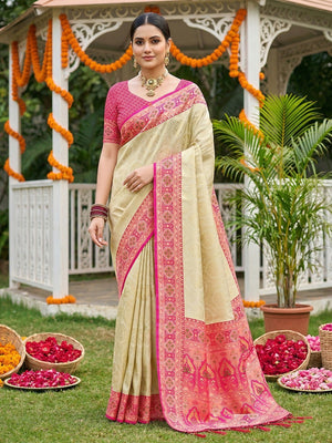 Beige Silk Blend Woven Saree with Rich Pink Border for Ethnic Look - Image 1
