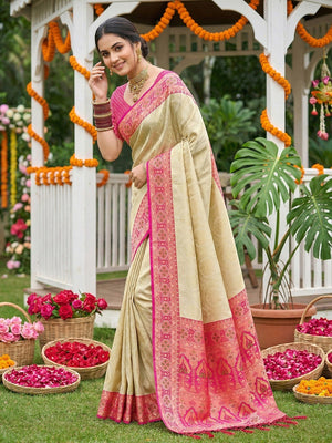 Beige Silk Blend Woven Saree with Rich Pink Border for Ethnic Look - Image 2