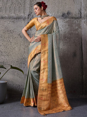Elegant Pastel Sea Green Kanjivaram Silk Saree with Meenakari Weave & Mustard Border - Image 1