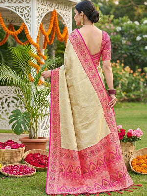 Beige Silk Blend Woven Saree with Rich Pink Border for Ethnic Look - Image 2
