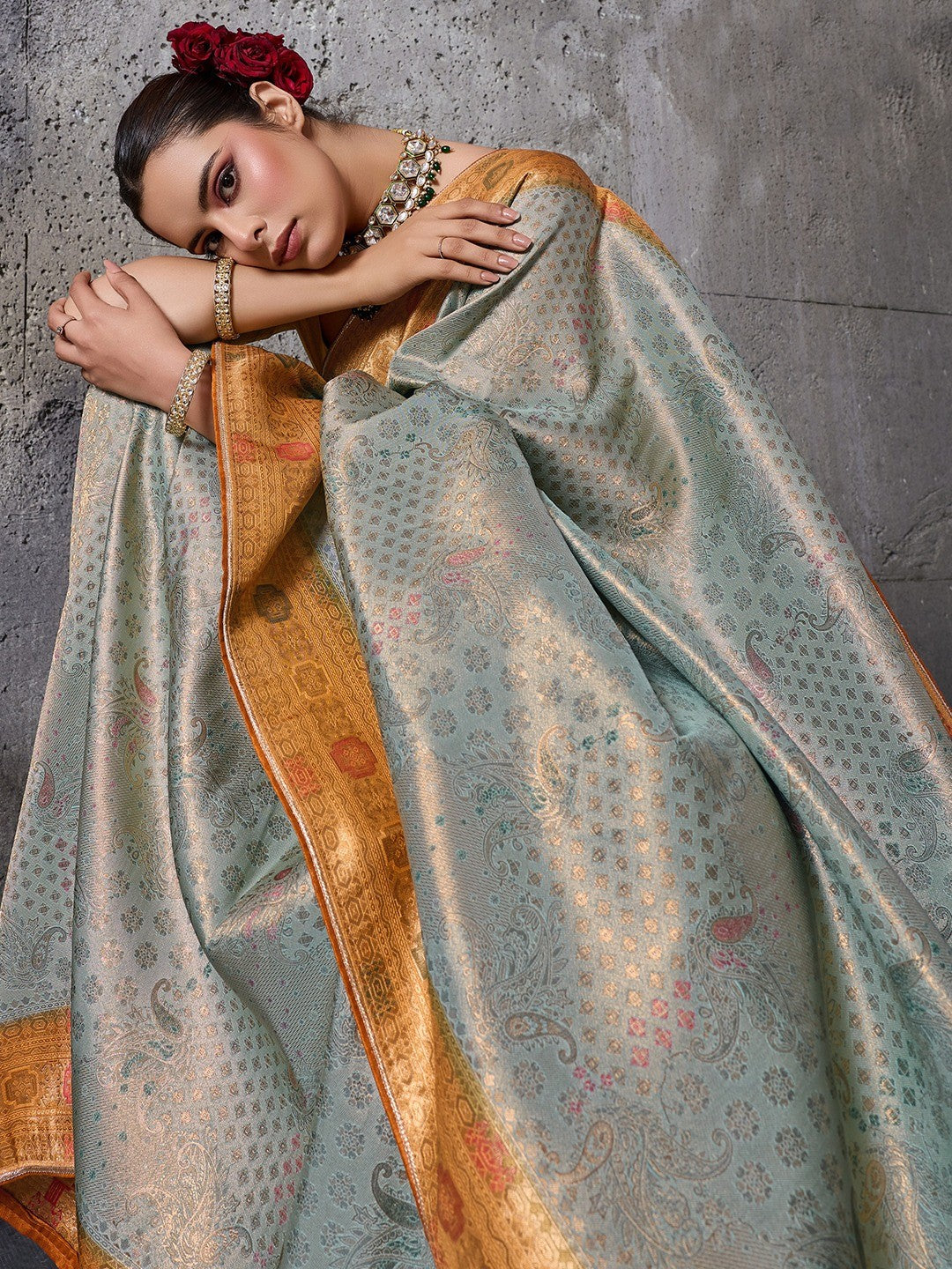 Elegant Pastel Sea Green Kanjivaram Silk Saree with Meenakari Weave & Mustard Border - Image 3