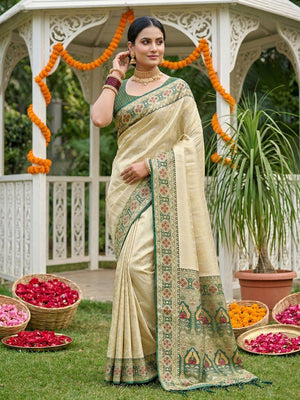 Beige Silk Blend Saree with Rich Green Border for Ethnic Look - Image 1