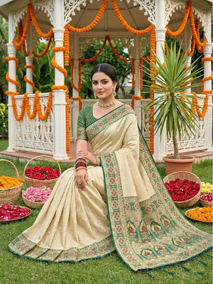 Beige Silk Blend Saree with Rich Green Border for Ethnic Look - Image 2