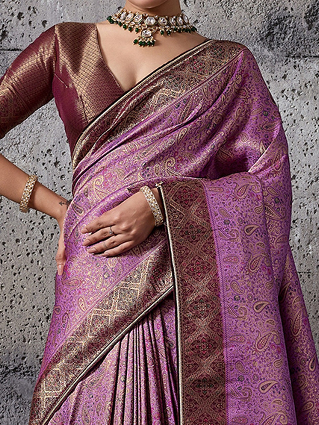 Elegant Purple Kanjivaram Silk Saree with Meenakari Weave & Maroon Border - Image 4