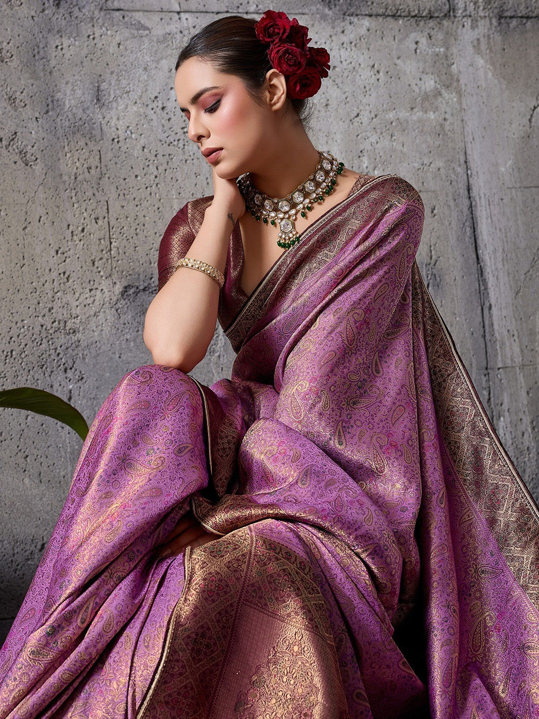 Elegant Purple Kanjivaram Silk Saree with Meenakari Weave & Maroon Border - Image 2