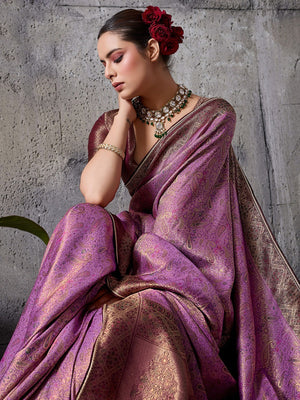 Elegant Purple Kanjivaram Silk Saree with Meenakari Weave & Maroon Border - Image 2