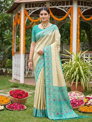 Elegant Cream & Turquoise Floral Weaving Silk Blend Saree With Rich Tassel Pallu - Image 1