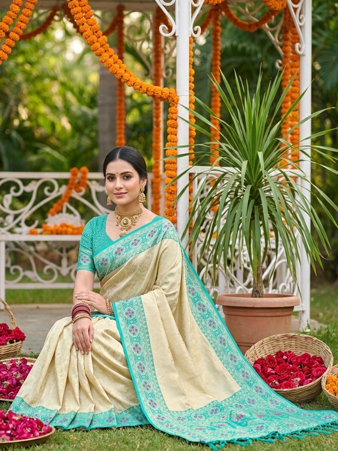 Elegant Cream & Turquoise Floral Weaving Silk Blend Saree With Rich Tassel Pallu - Image 3