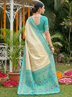 Elegant Cream & Turquoise Floral Weaving Silk Blend Saree With Rich Tassel Pallu - Image 2