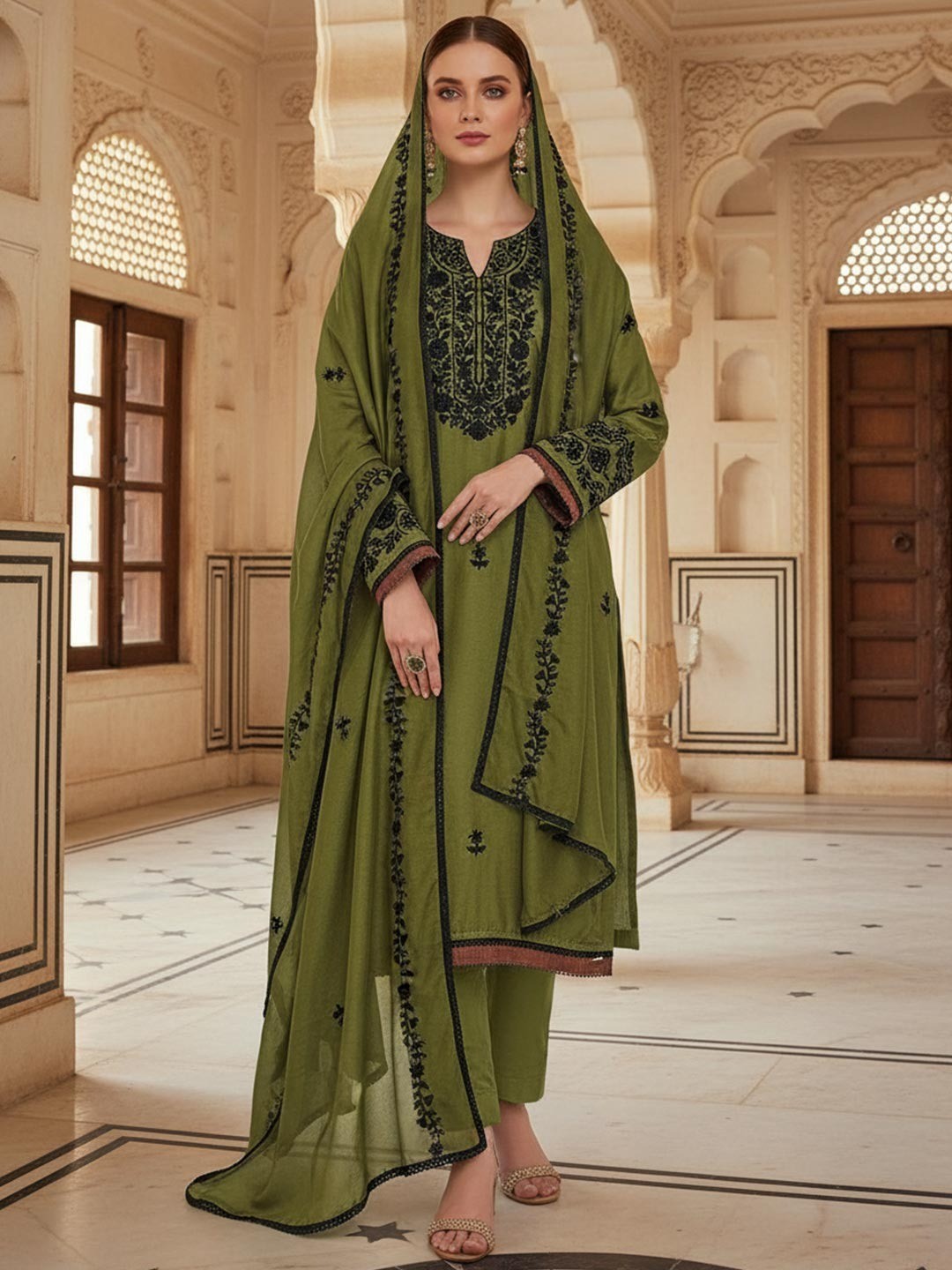 Mehendi Green Vichitra Silk Dress Material With Floral Embroidery & Delicate Sequins & Beads Work - Image 1