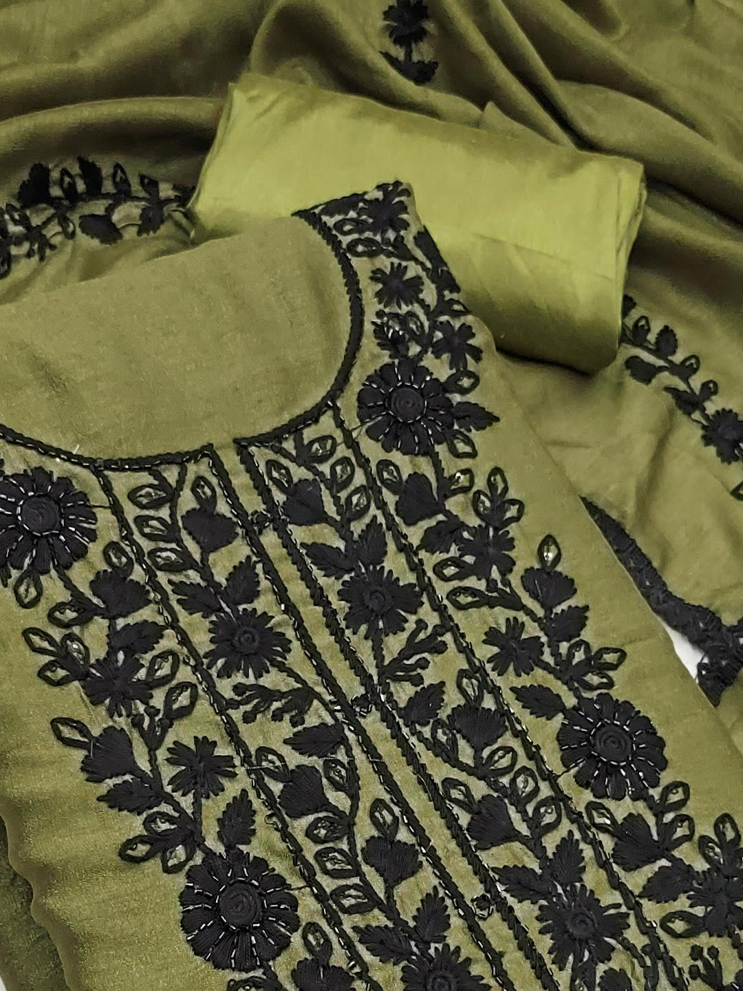 Mehendi Green Vichitra Silk Dress Material With Floral Embroidery & Delicate Sequins & Beads Work - Image 5