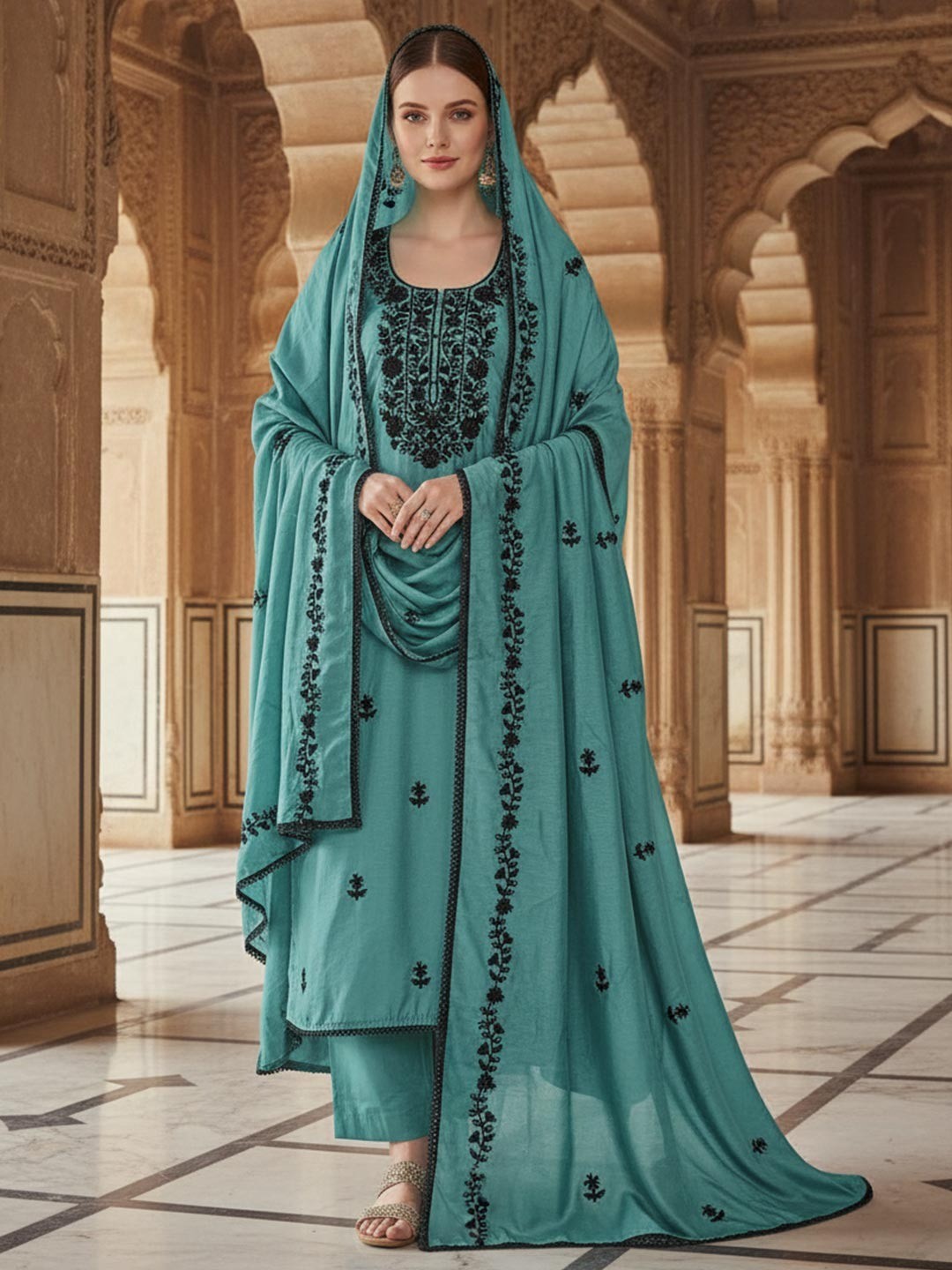 Blue Vichitra Silk Dress Material With Floral Embroidery & Delicate Sequins & Beads Work - Image 1