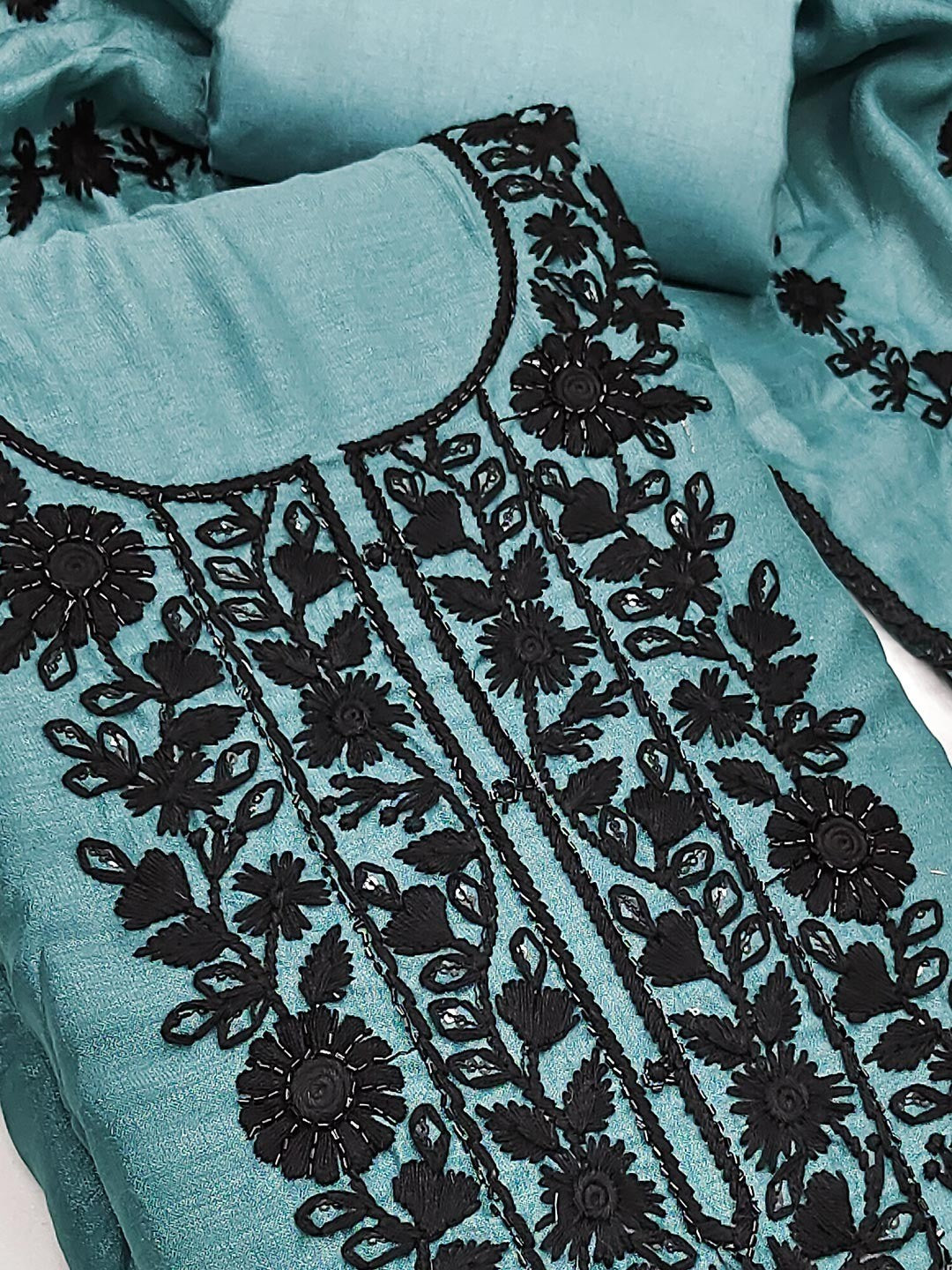 Blue Vichitra Silk Dress Material With Floral Embroidery & Delicate Sequins & Beads Work - Image 5