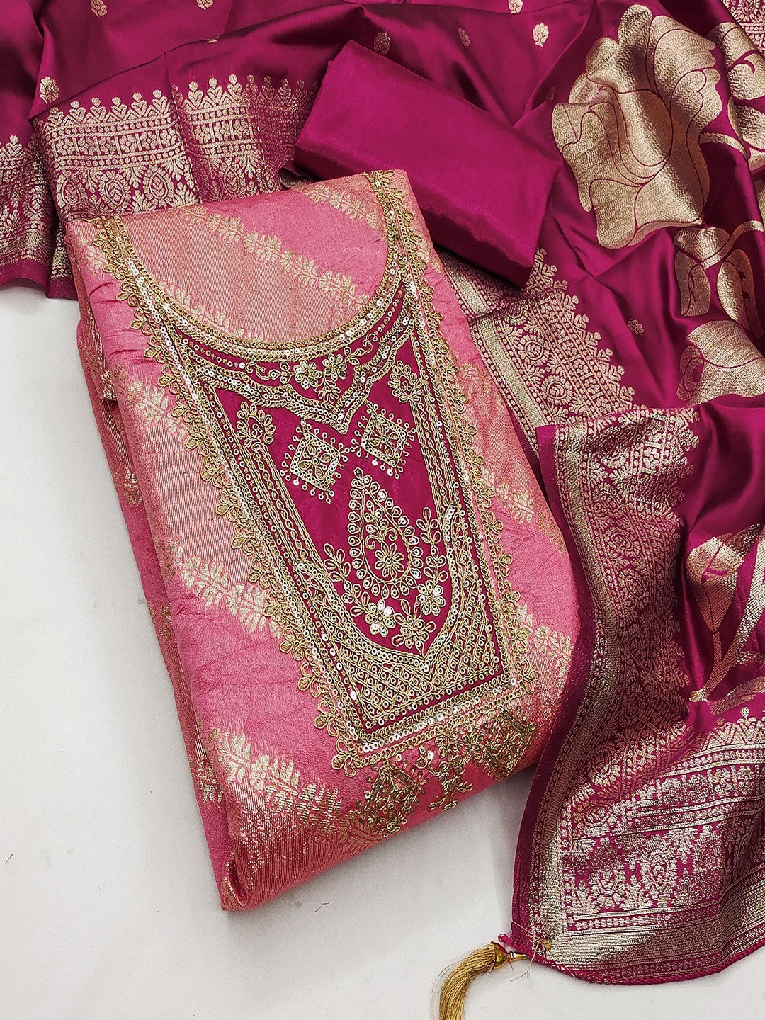 Traditional Pink Floral Weaving With Sequins Cording Embroidered Modal Jacquard Dress Material - Image 6