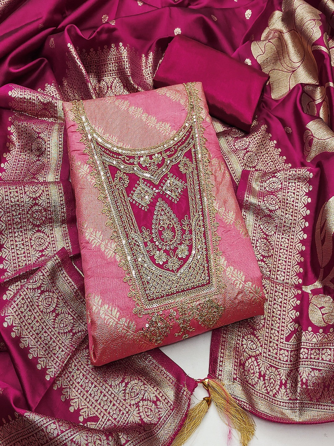 Traditional Pink Floral Weaving With Sequins Cording Embroidered Modal Jacquard Dress Material - Image 5
