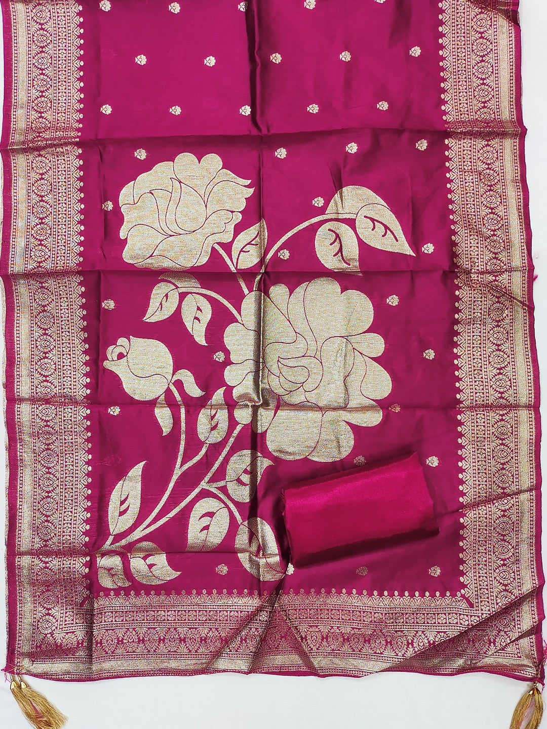 Traditional Pink Floral Weaving With Sequins Cording Embroidered Modal Jacquard Dress Material - Image 2
