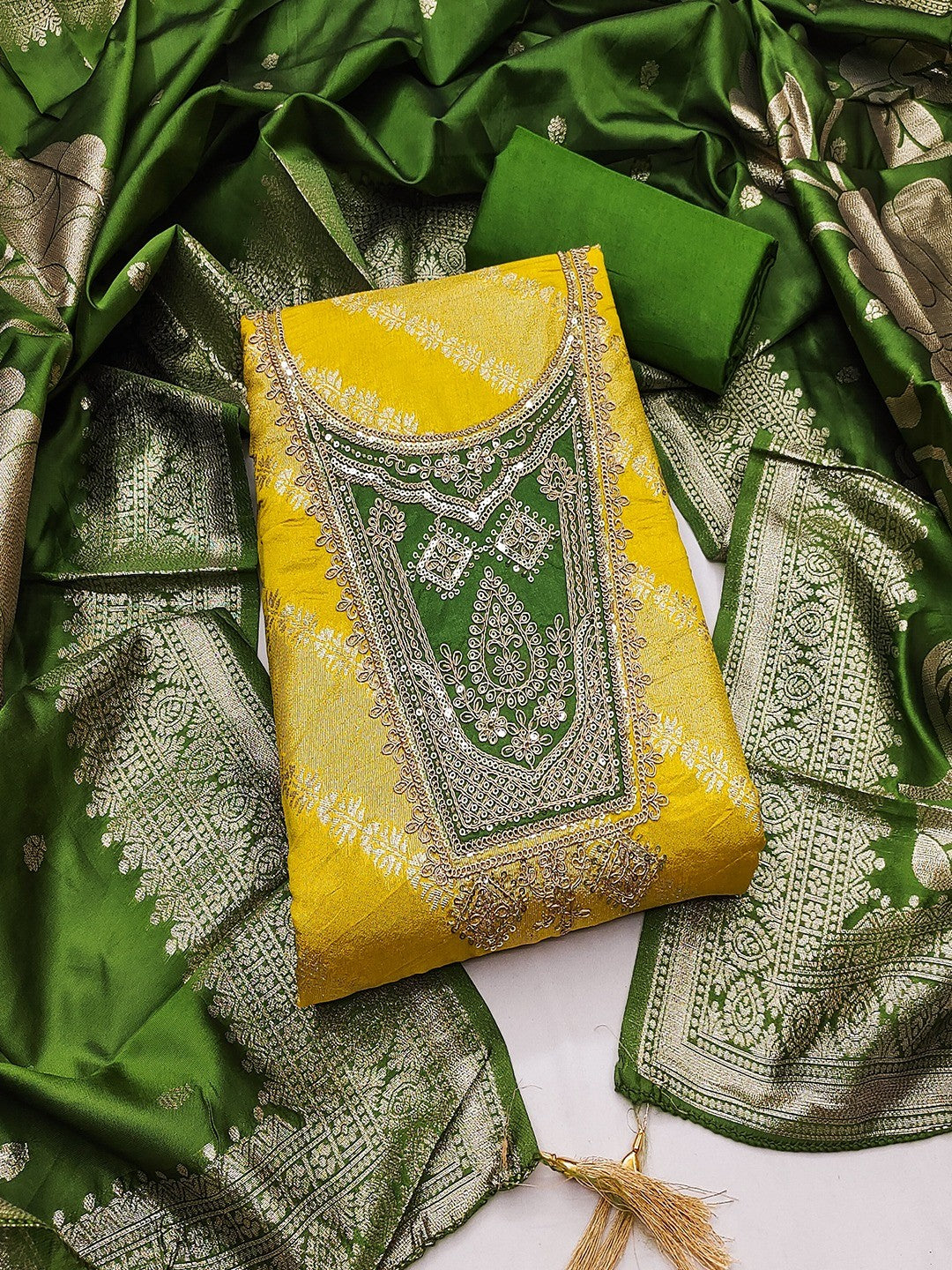 Traditional Mustard Floral Weaving With Sequins Cording Embroidered Modal Jacquard Dress Material - Image 3