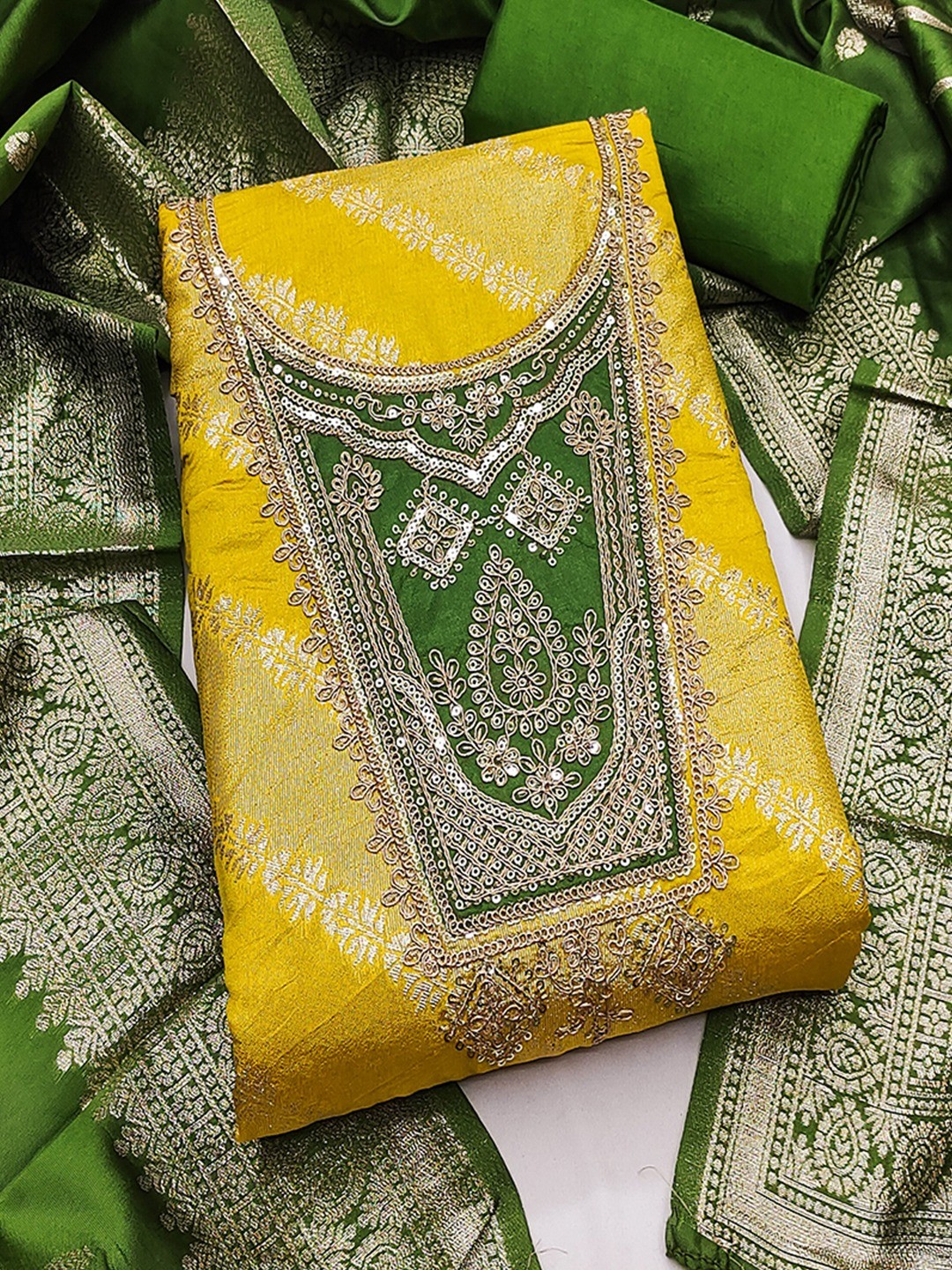 Traditional Mustard Floral Weaving With Sequins Cording Embroidered Modal Jacquard Dress Material - Image 4