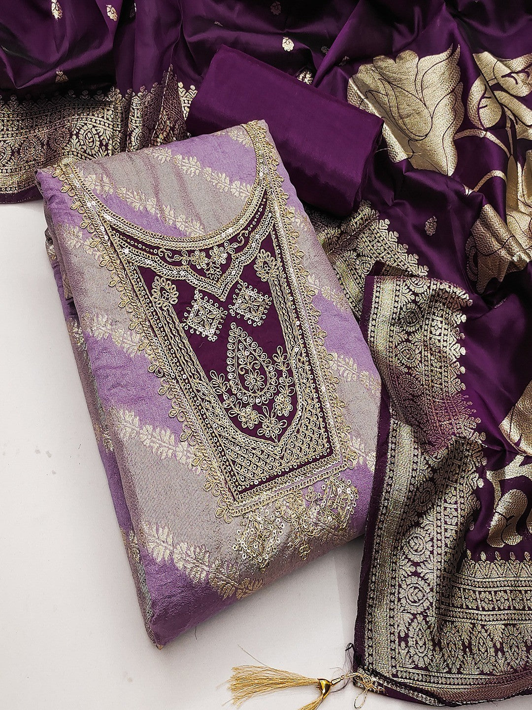 Traditional Lavender Floral Weaving With Sequins Cording Embroidered Modal Jacquard Dress Material - Image 4