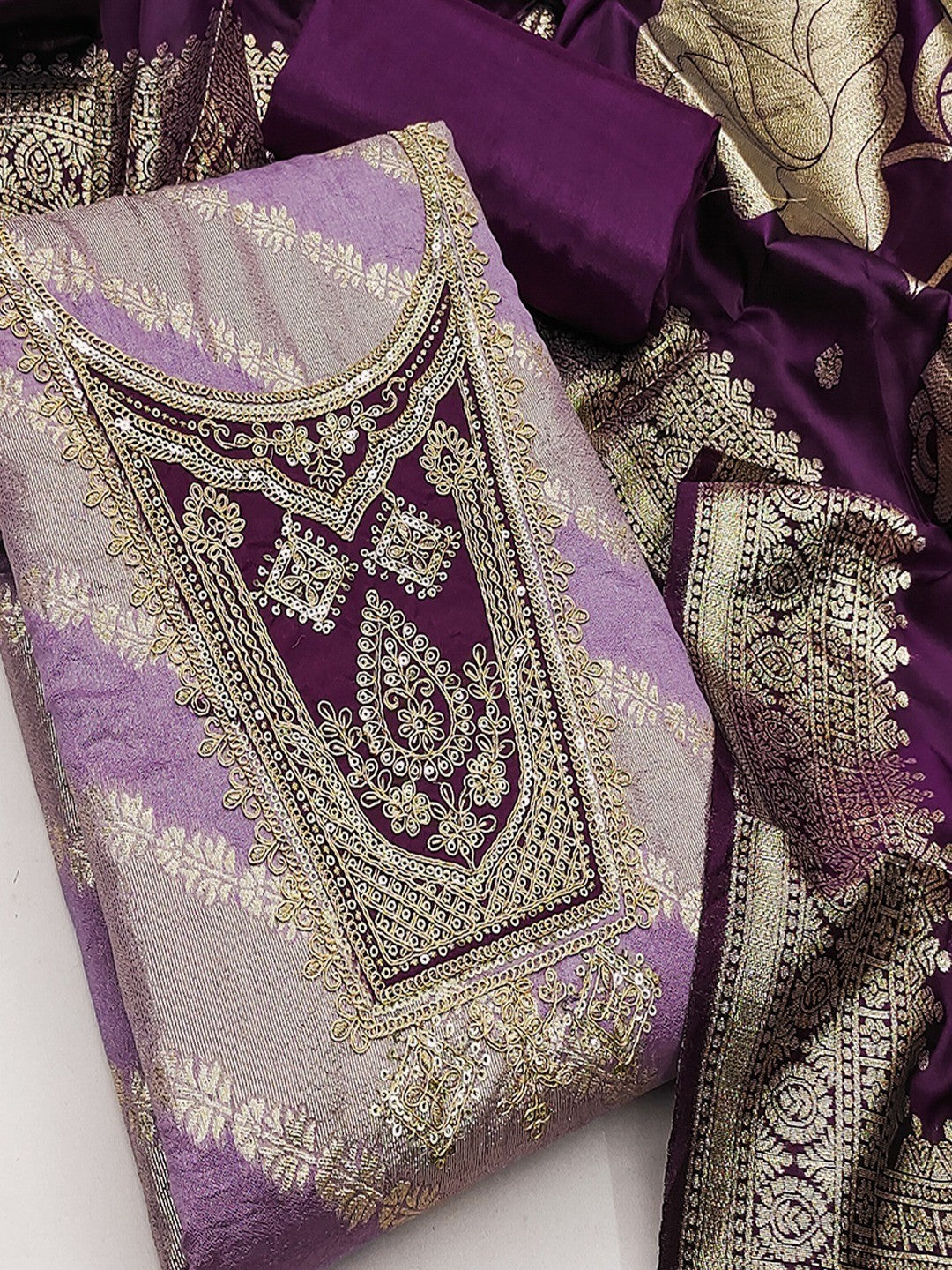 Traditional Lavender Floral Weaving With Sequins Cording Embroidered Modal Jacquard Dress Material - Image 3