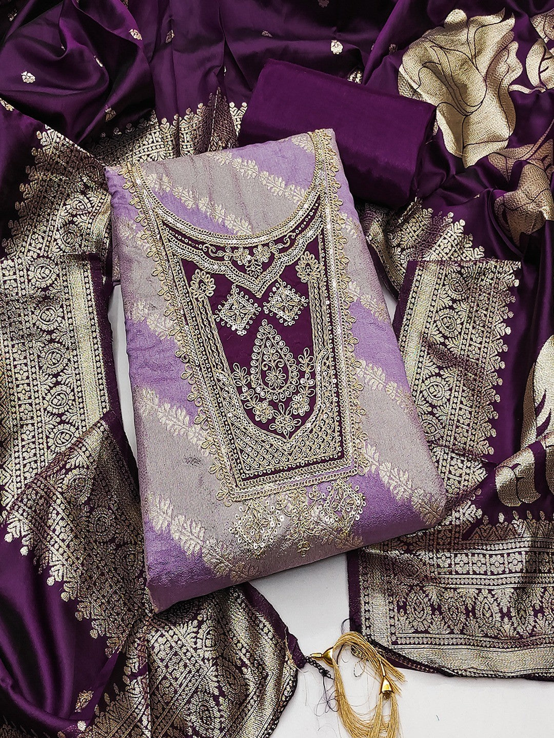 Traditional Lavender Floral Weaving With Sequins Cording Embroidered Modal Jacquard Dress Material - Image 1