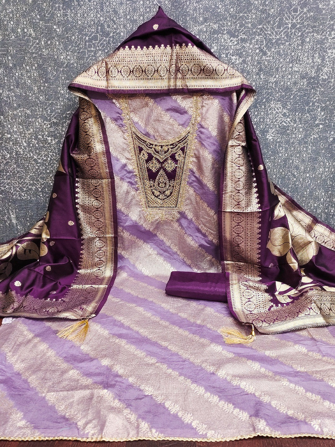 Traditional Lavender Floral Weaving With Sequins Cording Embroidered Modal Jacquard Dress Material - Image 5