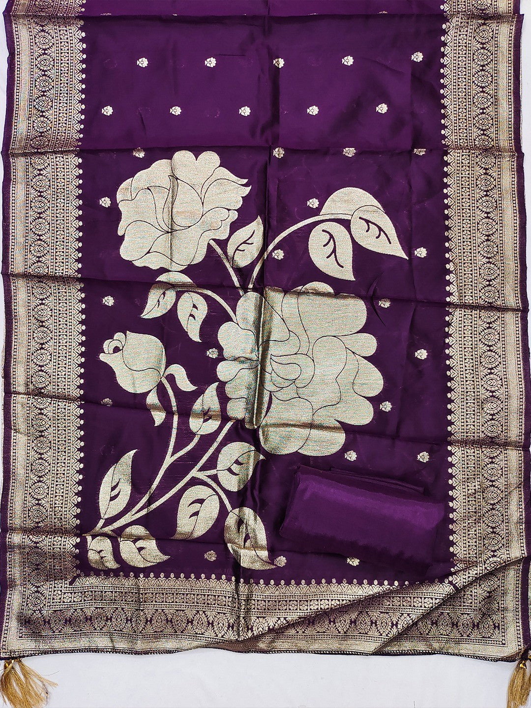 Traditional Lavender Floral Weaving With Sequins Cording Embroidered Modal Jacquard Dress Material - Image 6