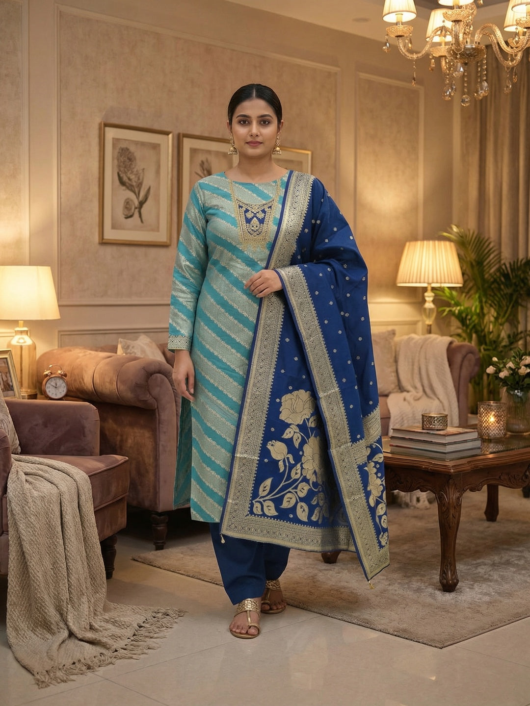 Traditional Turquoise Floral Weaving With Sequins Cording Embroidered Modal Jacquard Dress Material - Image 2