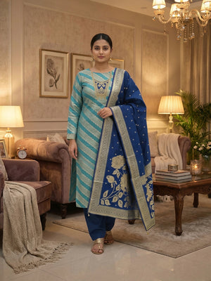 Traditional Turquoise Floral Weaving With Sequins Cording Embroidered Modal Jacquard Dress Material - Image 2