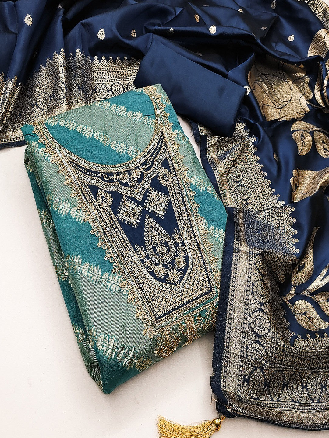 Traditional Turquoise Floral Weaving With Sequins Cording Embroidered Modal Jacquard Dress Material - Image 5