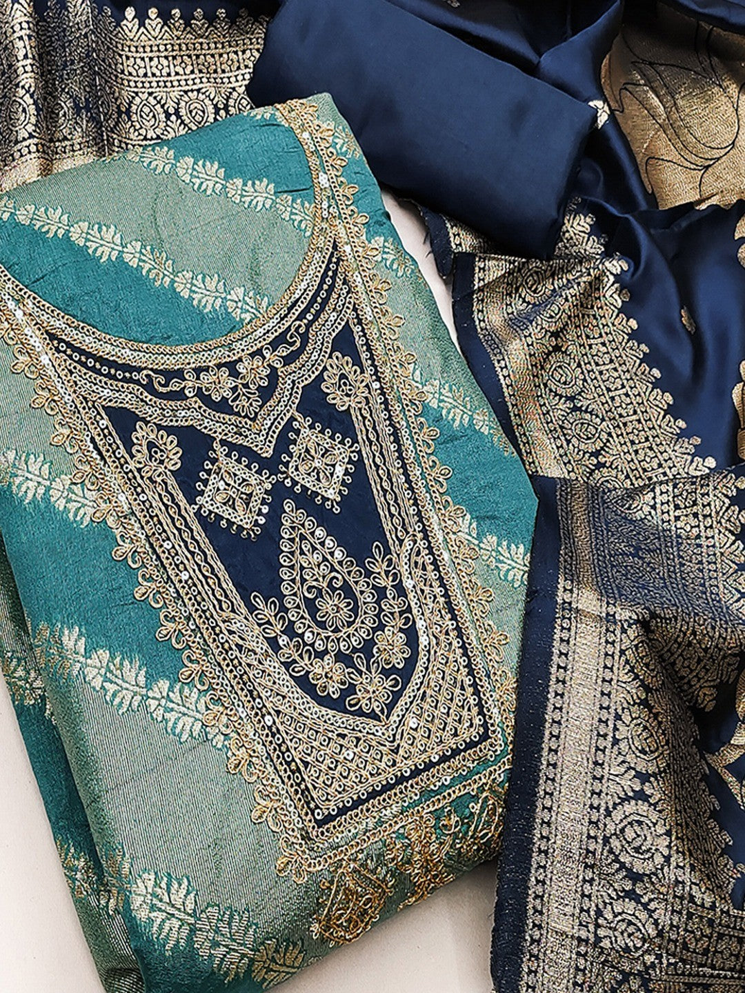 Traditional Turquoise Floral Weaving With Sequins Cording Embroidered Modal Jacquard Dress Material - Image 6