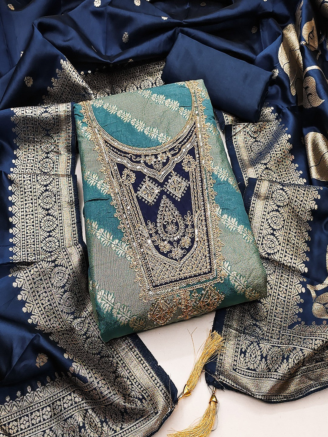 Traditional Turquoise Floral Weaving With Sequins Cording Embroidered Modal Jacquard Dress Material - Image 1
