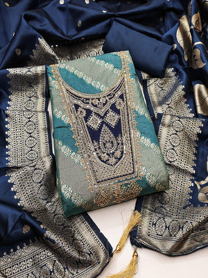 Traditional Turquoise Floral Weaving With Sequins Cording Embroidered Modal Jacquard Dress Material - Image 1