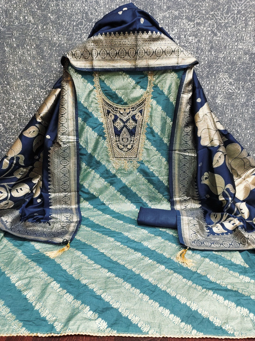 Traditional Turquoise Floral Weaving With Sequins Cording Embroidered Modal Jacquard Dress Material - Image 3