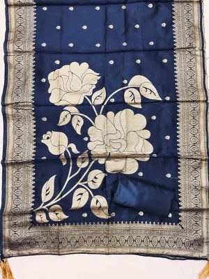 Traditional Turquoise Floral Weaving With Sequins Cording Embroidered Modal Jacquard Dress Material - Image 2