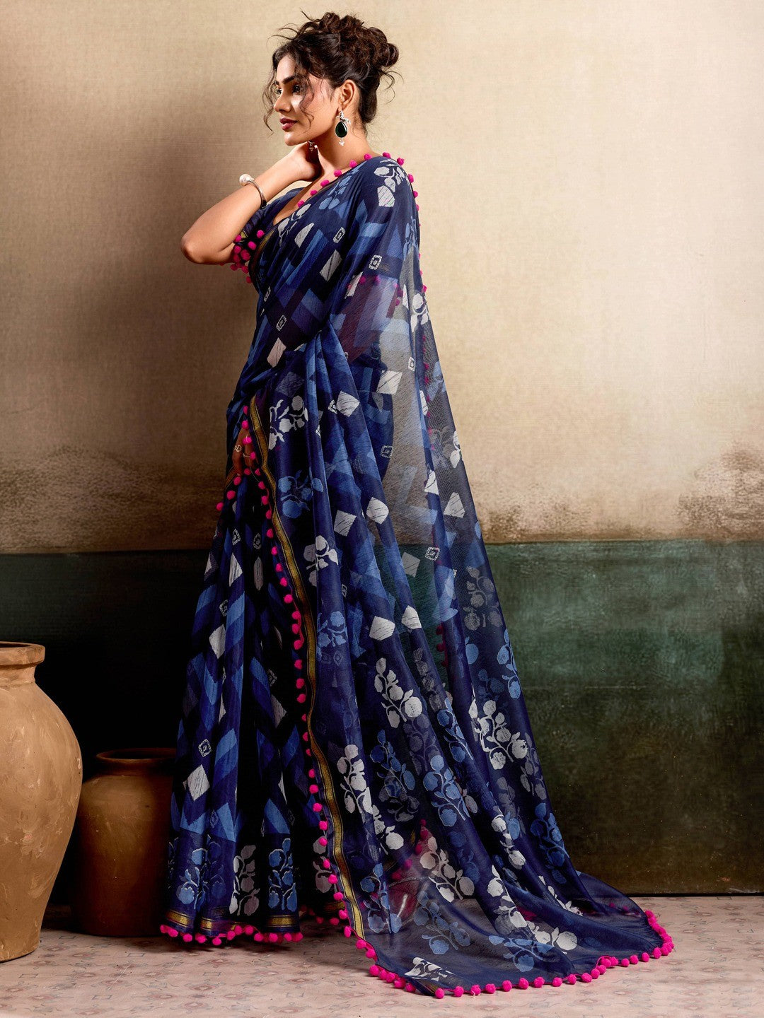 Elegant Blue Floral Printed Mulmul Cotton Saree With Soft Lightweight Drape - Image 4