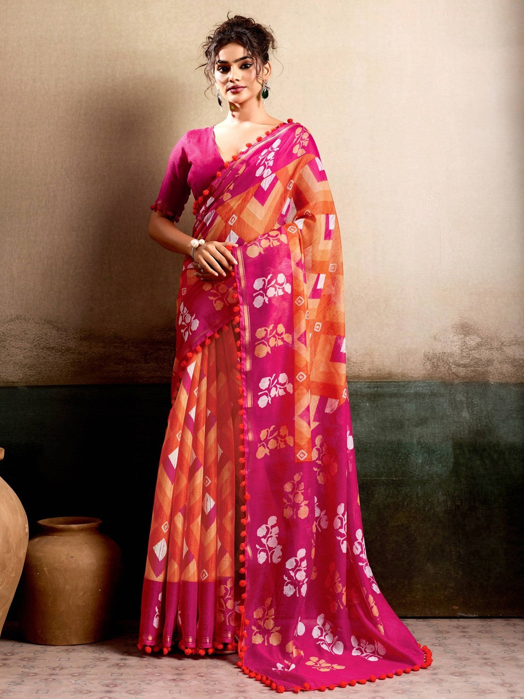 Elegant Orange & Rani Pink Floral Printed Mulmul Cotton Saree With Soft Lightweight Drape - Image 1