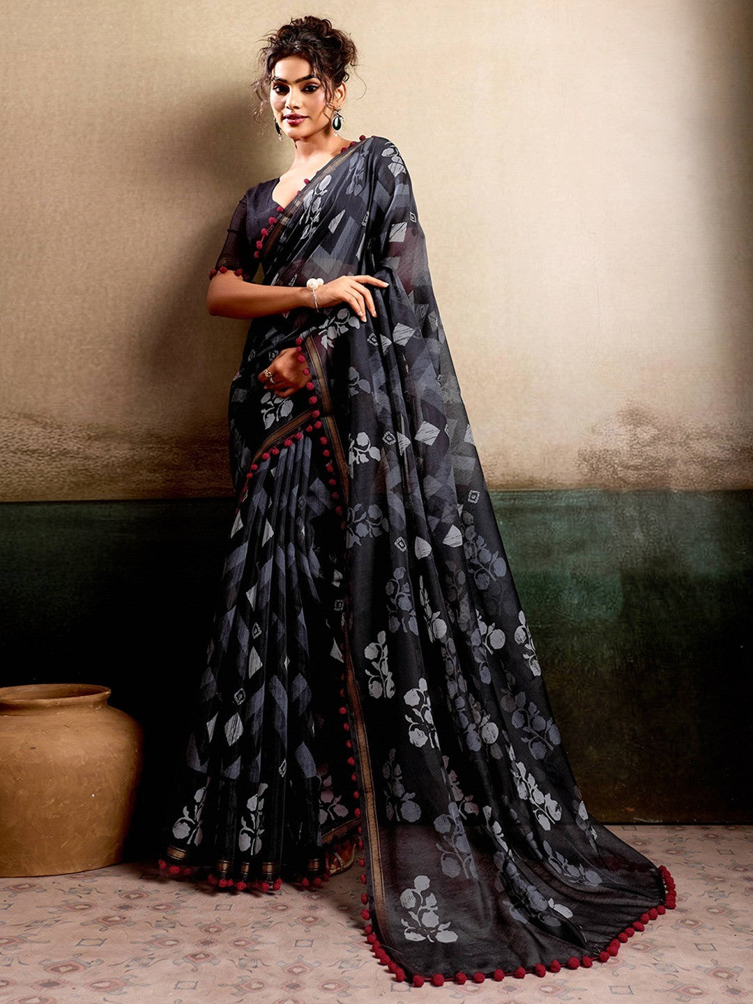 Elegant Black Floral Printed Mulmul Cotton Saree With Soft Lightweight Drape - Image 1