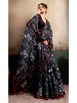 Elegant Black Floral Printed Mulmul Cotton Saree With Soft Lightweight Drape - Image 2