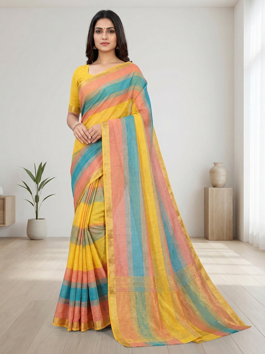 Festive Wear Multicolor Linen Saree with Stylish Zari Woven Border - Image 1