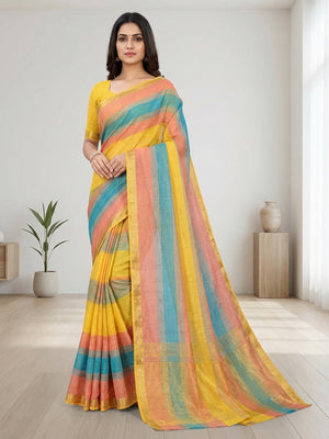 Festive Wear Multicolor Linen Saree with Stylish Zari Woven Border - Image 1